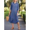 imagechouyatou Womens Summer Casual Denim Shirt Dress Loose Fit Button Down Midi Long Tunic Jean DressBlue