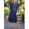 imagechouyatou Womens Summer Casual Denim Shirt Dress Loose Fit Button Down Midi Long Tunic Jean DressDark Blue