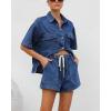 imagechouyatou Womens Summer Denim 2 Piece Outfits Short Sleeve Button Down Shirt Elastic Waist Wide Leg Shorts Matching SetDark Blue