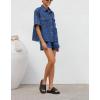 imagechouyatou Womens Summer Denim 2 Piece Outfits Short Sleeve Button Down Shirt Elastic Waist Wide Leg Shorts Matching SetDark Blue