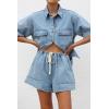imagechouyatou Womens Summer Denim 2 Piece Outfits Short Sleeve Button Down Shirt Elastic Waist Wide Leg Shorts Matching SetLight Blue