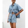 imagechouyatou Womens Summer Denim 2 Piece Outfits Short Sleeve Button Down Shirt Elastic Waist Wide Leg Shorts Matching SetLight Blue