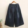 imagechouyatou Womens Y2k Baggy Wide Leg Cropped Jeans Flower Embroidered Elastic Waist Capri Denim Pants CulottesDark Blue