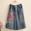 imagechouyatou Womens Y2k Baggy Wide Leg Cropped Jeans Flower Embroidered Elastic Waist Capri Denim Pants CulottesLight Blue