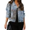imagechouyatou Womens Leopard Print Spliced Distressed Ripped CorduroyDenim Jacket Coat Large denim blue
