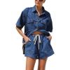 imagechouyatou Womens Summer Denim 2 Piece Outfits Short Sleeve Button Down Shirt Elastic Waist Wide Leg Shorts Matching SetDark Blue
