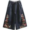 imagechouyatou Womens Y2k Baggy Wide Leg Cropped Jeans Flower Embroidered Elastic Waist Capri Denim Pants CulottesDark Blue