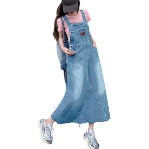imagechouyatou Womens Adjustable Strap Distressed Denim Bib Overall Dress Casual Loose ALine Midi Long Jean DressBlue