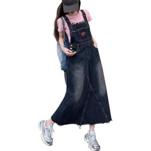 imagechouyatou Womens Adjustable Strap Distressed Denim Bib Overall Dress Casual Loose ALine Midi Long Jean DressDark Blue