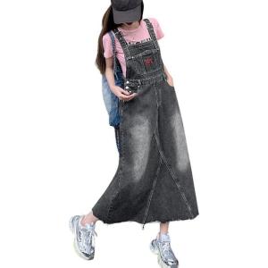 imagechouyatou Womens Adjustable Strap Distressed Denim Bib Overall Dress Casual Loose ALine Midi Long Jean DressGrey