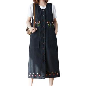 imagechouyatou Womens Denim Button Down Floral Embroidered Long Overall Jumper Jean Dress with PocketsBlack