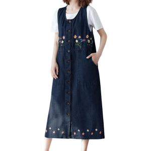 imagechouyatou Womens Denim Button Down Floral Embroidered Long Overall Jumper Jean Dress with PocketsDark Blue