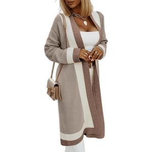 imagechouyatou Womens Fall Color Block Open Front Cardigan Sweater Casual Loose Knitted Long Coatigan CoatApricot Khaki