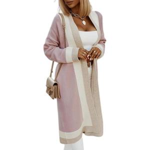 imagechouyatou Womens Fall Color Block Open Front Cardigan Sweater Casual Loose Knitted Long Coatigan CoatDark Pink