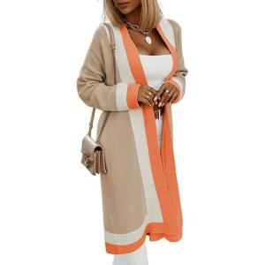 imagechouyatou Womens Fall Color Block Open Front Cardigan Sweater Casual Loose Knitted Long Coatigan CoatOrange