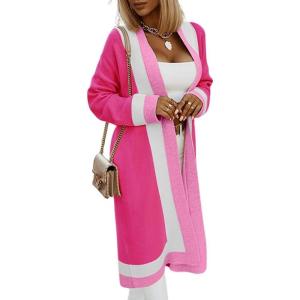 imagechouyatou Womens Fall Color Block Open Front Cardigan Sweater Casual Loose Knitted Long Coatigan CoatRose Red