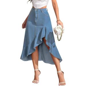 imagechouyatou Womens Irregular Ruffle Hem Denim Skirt Y2K Bodycon Fishtail Split Thigh Midi Jean Wrap SkirtBlue