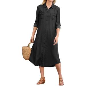 imagechouyatou Womens Summer Casual Denim Shirt Dress Loose Fit Button Down Midi Long Tunic Jean DressBlack
