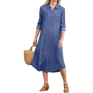 imagechouyatou Womens Summer Casual Denim Shirt Dress Loose Fit Button Down Midi Long Tunic Jean DressBlue