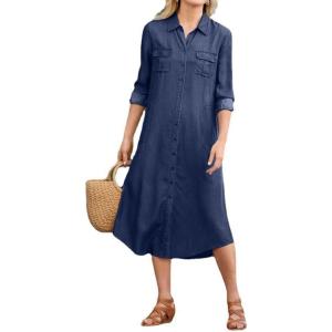 imagechouyatou Womens Summer Casual Denim Shirt Dress Loose Fit Button Down Midi Long Tunic Jean DressDark Blue