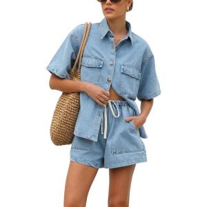 imagechouyatou Womens Summer Denim 2 Piece Outfits Short Sleeve Button Down Shirt Elastic Waist Wide Leg Shorts Matching SetLight Blue