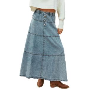 imagechouyatou Womens Vintage ALine Maxi Denim Skirt Elastic High Waist Cowgirl Long Jean Tiered SkirtLight Blue
