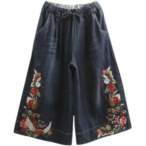imagechouyatou Womens Y2k Baggy Wide Leg Cropped Jeans Flower Embroidered Elastic Waist Capri Denim Pants CulottesDark Blue