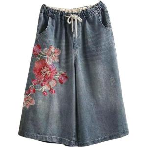 imagechouyatou Womens Y2k Baggy Wide Leg Cropped Jeans Flower Embroidered Elastic Waist Capri Denim Pants CulottesLight Blue
