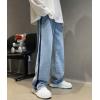 imagechouyatou Mens Color Block Wide Leg Baggy Jeans High Waist Loose Fit Barrel Denim Pants with PocketsBlue