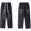 imagechouyatou Mens Vintage Washed Wide Leg Baggy Jeans Drawstring Elastic Waist Barrel Denim Pants with PocketsBlack