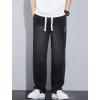 imagechouyatou Mens Vintage Washed Wide Leg Baggy Jeans Drawstring Elastic Waist Barrel Denim Pants with PocketsBlack