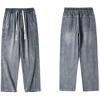 imagechouyatou Mens Vintage Washed Wide Leg Baggy Jeans Drawstring Elastic Waist Barrel Denim Pants with PocketsVintage Blue