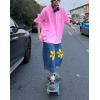 imagechouyatou Mens Y2k Flower Embroidered Wide Leg Cropped Jeans Hip Hop Baggy Denim Capri Pants with PocketsBlue