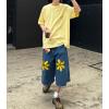 imagechouyatou Mens Y2k Flower Embroidered Wide Leg Cropped Jeans Hip Hop Baggy Denim Capri Pants with PocketsBlue