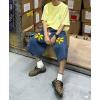 imagechouyatou Mens Y2k Flower Embroidered Wide Leg Cropped Jeans Hip Hop Baggy Denim Capri Pants with PocketsBlue
