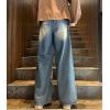 imagechouyatou Mens Y2k Ripped Wide Leg Jeans High Waist Baggy Street Denim Pants with PocketsBlue