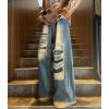 imagechouyatou Mens Y2k Ripped Wide Leg Jeans High Waist Baggy Street Denim Pants with PocketsBlue