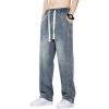 imagechouyatou Mens Vintage Washed Wide Leg Baggy Jeans Drawstring Elastic Waist Barrel Denim Pants with PocketsVintage Blue