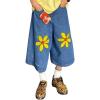 imagechouyatou Mens Y2k Flower Embroidered Wide Leg Cropped Jeans Hip Hop Baggy Denim Capri Pants with PocketsBlue