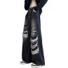 imagechouyatou Mens Y2k Ripped Wide Leg Jeans High Waist Baggy Street Denim Pants with PocketsBlack