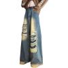 imagechouyatou Mens Y2k Ripped Wide Leg Jeans High Waist Baggy Street Denim Pants with PocketsBlue