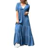 imagechouyatou Womens Summer Boho Loose Tiered Maxi Denim Dress Casual Flowy ALine Tunic Shirt DressBlue