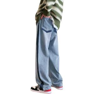 imagechouyatou Mens Color Block Wide Leg Baggy Jeans High Waist Loose Fit Barrel Denim Pants with PocketsBlue