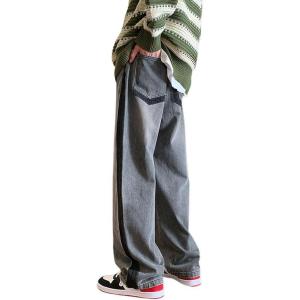imagechouyatou Mens Color Block Wide Leg Baggy Jeans High Waist Loose Fit Barrel Denim Pants with PocketsGray