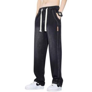 imagechouyatou Mens Vintage Washed Wide Leg Baggy Jeans Drawstring Elastic Waist Barrel Denim Pants with PocketsBlack