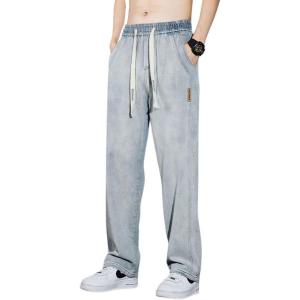 imagechouyatou Mens Vintage Washed Wide Leg Baggy Jeans Drawstring Elastic Waist Barrel Denim Pants with PocketsLight Blue