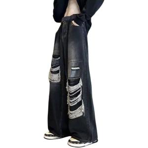 imagechouyatou Mens Y2k Ripped Wide Leg Jeans High Waist Baggy Street Denim Pants with PocketsBlack