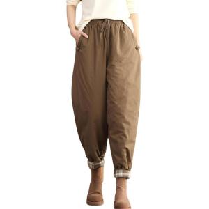 imagechouyatou Women Winter Warm Down Cotton Pants Padded Quilted Harem Pants Relaxed Wide Leg TrousersLight Brown