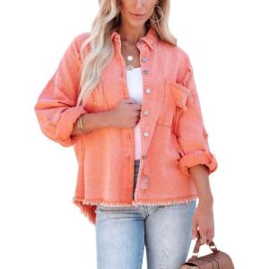 imagechouyatou Womens Boyfriend Ripped Holes Frayed Raw Hem Distressed Denim JacketOrange