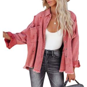 imagechouyatou Womens Boyfriend Ripped Holes Frayed Raw Hem Distressed Denim JacketWatermelon Red